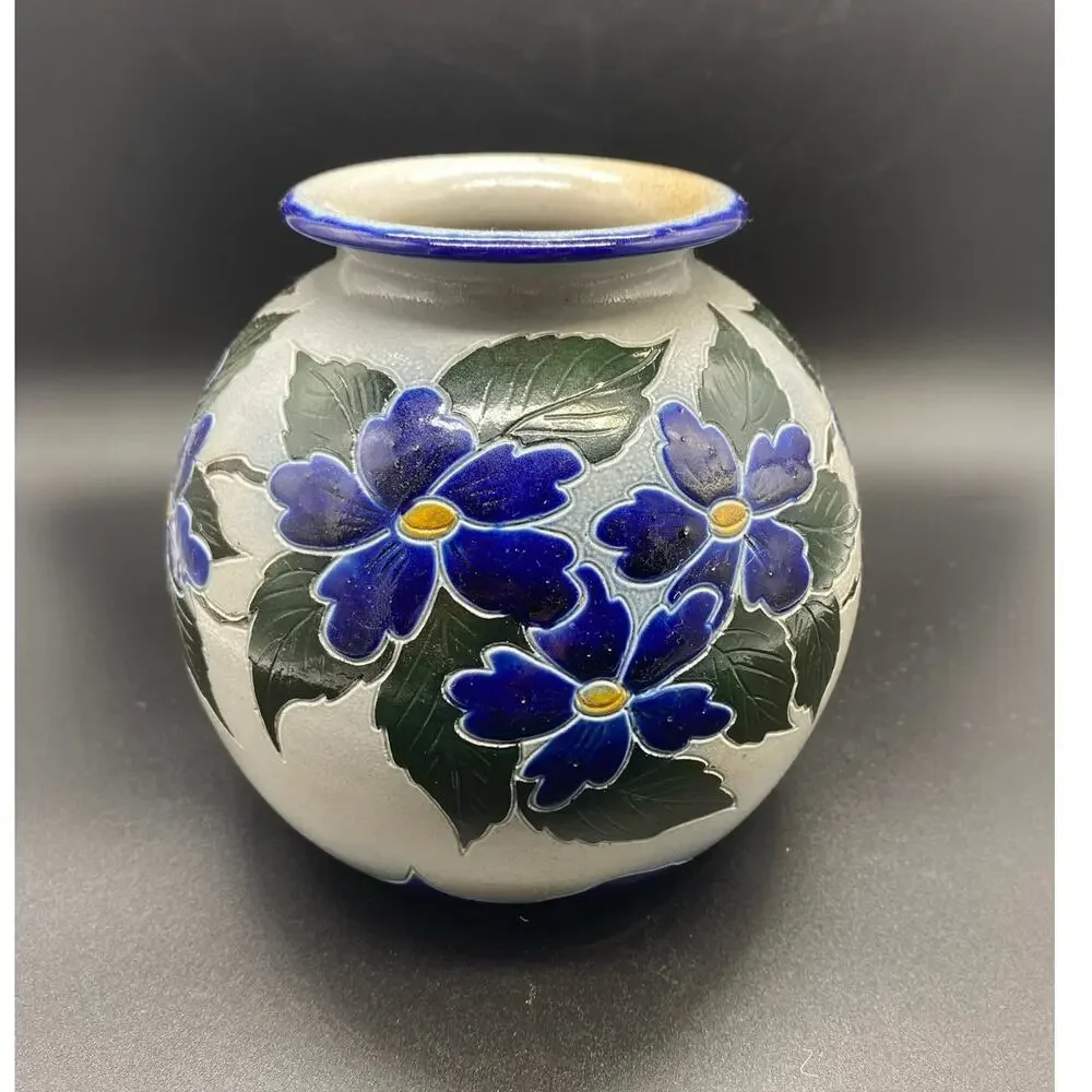 ALSACE Salt Glaze Vintage Betschdorf Cobalt Flowers, French Vase signed pottery